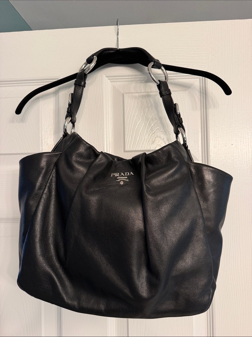 Prada Black Leather Shoulder Hobo with Silver Rings